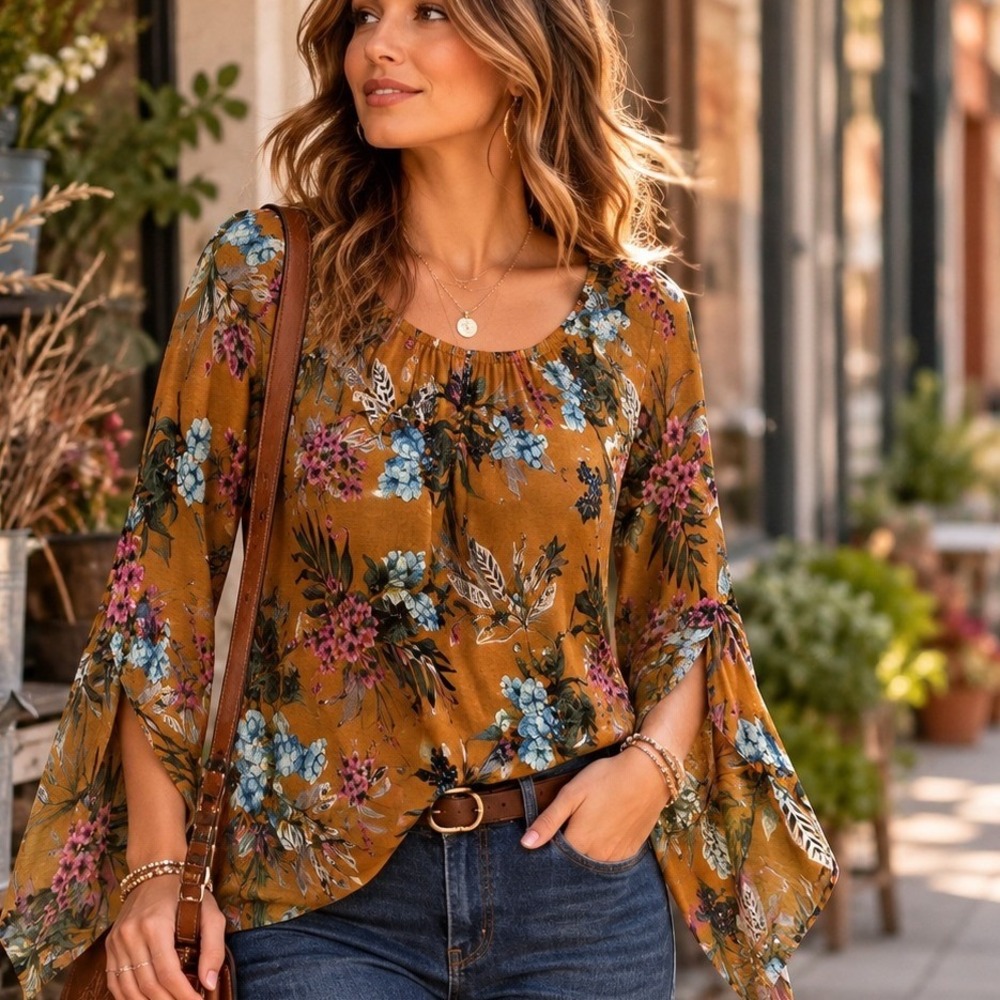 NAIF Womens Ochre Yellow Floral Split Bell Sleeve Top Size S Indie boho Festival